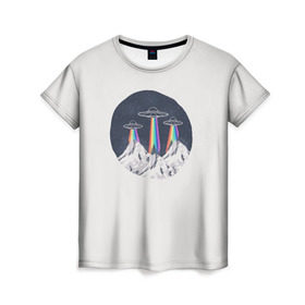 Женская футболка 3D с принтом НЛО в Горах в Санкт-Петербурге, 100% полиэфир ( синтетическое хлопкоподобное полотно) | прямой крой, круглый вырез горловины, длина до линии бедер | горы | елки | звезды | земля | инопланетяне | небо | ночь | радуга | снег | тарелка | эверест | эльбрус