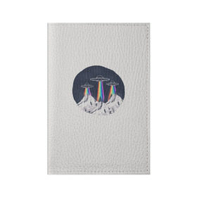 Обложка для паспорта матовая кожа с принтом НЛО в Горах в Санкт-Петербурге, натуральная матовая кожа | размер 19,3 х 13,7 см; прозрачные пластиковые крепления | горы | елки | звезды | земля | инопланетяне | небо | ночь | радуга | снег | тарелка | эверест | эльбрус