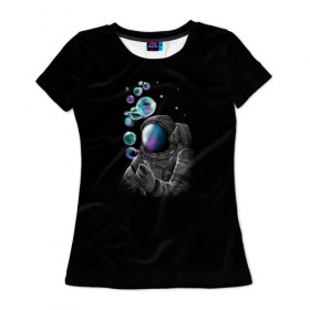 Женская футболка 3D с принтом Космические Пузыри в Санкт-Петербурге, 100% полиэфир ( синтетическое хлопкоподобное полотно) | прямой крой, круглый вырез горловины, длина до линии бедер | астронавт | звезды | земля | космос | марс | мыльные | планеты | скафандр