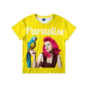 Детская футболка 3D с принтом Paradise в Санкт-Петербурге, 100% гипоаллергенный полиэфир | прямой крой, круглый вырез горловины, длина до линии бедер, чуть спущенное плечо, ткань немного тянется | лето | малиновое вино | попугай | прическа | рай | эмоции