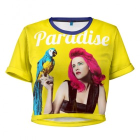 Женская футболка 3D укороченная с принтом Paradise в Санкт-Петербурге, 100% полиэстер | круглая горловина, длина футболки до линии талии, рукава с отворотами | лето | малиновое вино | попугай | прическа | рай | эмоции
