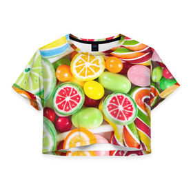 Женская футболка 3D укороченная с принтом Candy в Санкт-Петербурге, 100% полиэстер | круглая горловина, длина футболки до линии талии, рукава с отворотами | candy | colorful | lollipop | sweet | конфеты | леденцы | сладости