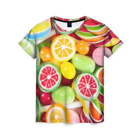 Женская футболка 3D с принтом Candy в Санкт-Петербурге, 100% полиэфир ( синтетическое хлопкоподобное полотно) | прямой крой, круглый вырез горловины, длина до линии бедер | candy | colorful | lollipop | sweet | конфеты | леденцы | сладости