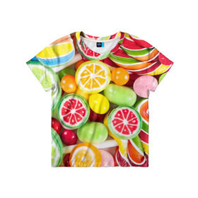 Детская футболка 3D с принтом Candy в Санкт-Петербурге, 100% гипоаллергенный полиэфир | прямой крой, круглый вырез горловины, длина до линии бедер, чуть спущенное плечо, ткань немного тянется | candy | colorful | lollipop | sweet | конфеты | леденцы | сладости