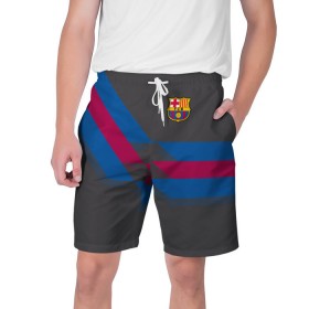 Мужские шорты 3D с принтом FC Barcelona #7 в Санкт-Петербурге,  полиэстер 100% | прямой крой, два кармана без застежек по бокам. Мягкая трикотажная резинка на поясе, внутри которой широкие завязки. Длина чуть выше колен | Тематика изображения на принте: fcb | барселона | геометрия | футбольный клуб