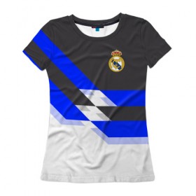 Женская футболка 3D с принтом Real Madrid 2018 в Санкт-Петербурге, 100% полиэфир ( синтетическое хлопкоподобное полотно) | прямой крой, круглый вырез горловины, длина до линии бедер | реал мадрид | эмблема