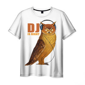 Мужская футболка 3D с принтом Диджей прав в Санкт-Петербурге, 100% полиэфир | прямой крой, круглый вырез горловины, длина до линии бедер | dj | music | вечеринка | диджей | клуб | музыка | наушники | пернатые | птица | сова | тусовка | филин
