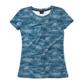Женская футболка 3D с принтом Акулы в Санкт-Петербурге, 100% полиэфир ( синтетическое хлопкоподобное полотно) | прямой крой, круглый вырез горловины, длина до линии бедер | shark | акула | акулы | вода | море | океан | рыба | хищник