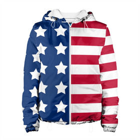 Женская куртка 3D с принтом USA Flag в Санкт-Петербурге, ткань верха — 100% полиэстер, подклад — флис | прямой крой, подол и капюшон оформлены резинкой с фиксаторами, два кармана без застежек по бокам, один большой потайной карман на груди. Карман на груди застегивается на липучку | star | usa | америка | белый | звезды | красный | линии | полосы | популярные | синий | сша | триколор | туристические | флаг | цвет | штаты