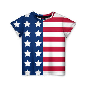 Детская футболка 3D с принтом USA Flag в Санкт-Петербурге, 100% гипоаллергенный полиэфир | прямой крой, круглый вырез горловины, длина до линии бедер, чуть спущенное плечо, ткань немного тянется | Тематика изображения на принте: star | usa | америка | белый | звезды | красный | линии | полосы | популярные | синий | сша | триколор | туристические | флаг | цвет | штаты