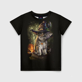 Детская футболка 3D с принтом Ведьмин котенок в Санкт-Петербурге, 100% гипоаллергенный полиэфир | прямой крой, круглый вырез горловины, длина до линии бедер, чуть спущенное плечо, ткань немного тянется | Тематика изображения на принте: jack | ведьма | кот | котенок | кошка | тыква | хэллоуин