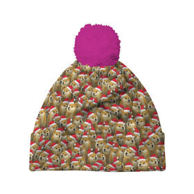 Шапка 3D c помпоном с принтом Новогодние собаки в Санкт-Петербурге, 100% полиэстер | универсальный размер, печать по всей поверхности изделия | doge | зима | зимний | лайка | мем | новогодний | новый год | паттерн | рождество | сиба ину | собака | собакен | хаски | шапка