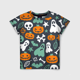 Детская футболка 3D с принтом Halloween в Санкт-Петербурге, 100% гипоаллергенный полиэфир | прямой крой, круглый вырез горловины, длина до линии бедер, чуть спущенное плечо, ткань немного тянется | звёзды | кости | летучие мыши | листья | привидения | тыквы