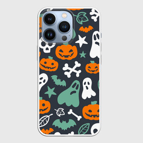 Чехол для iPhone 13 Pro с принтом Halloween в Санкт-Петербурге,  |  | звёзды | кости | летучие мыши | листья | привидения | тыквы