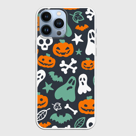 Чехол для iPhone 13 Pro Max с принтом Halloween в Санкт-Петербурге,  |  | звёзды | кости | летучие мыши | листья | привидения | тыквы