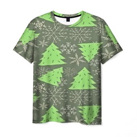 Мужская футболка 3D с принтом Зелёные ёлочки в Санкт-Петербурге, 100% полиэфир | прямой крой, круглый вырез горловины, длина до линии бедер | new year | santa | дед мороз | елка | елочки | новогодний | новый год | рождество | сантаклаус | снег | снежинки