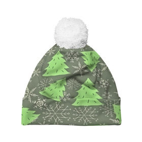 Шапка 3D c помпоном с принтом Зелёные ёлочки в Санкт-Петербурге, 100% полиэстер | универсальный размер, печать по всей поверхности изделия | new year | santa | дед мороз | елка | елочки | новогодний | новый год | рождество | сантаклаус | снег | снежинки