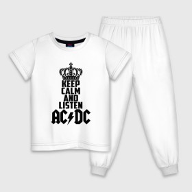 Детская пижама хлопок с принтом Keep calm and listen AC/DC в Санкт-Петербурге, 100% хлопок |  брюки и футболка прямого кроя, без карманов, на брюках мягкая резинка на поясе и по низу штанин
 | Тематика изображения на принте: ac dc | acdc | австралийская | альбом | ангус янг | блюз рок | гитара | головы | группа | крис слэйд | музыканты | надпись | певцы | рок | рок н ролл | стиви янг | хард рок | эксл роуз