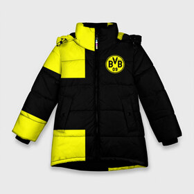 Зимняя куртка для девочек 3D с принтом FC Borussia Dortmund Black в Санкт-Петербурге, ткань верха — 100% полиэстер; подклад — 100% полиэстер, утеплитель — 100% полиэстер. | длина ниже бедра, удлиненная спинка, воротник стойка и отстегивающийся капюшон. Есть боковые карманы с листочкой на кнопках, утяжки по низу изделия и внутренний карман на молнии. 

Предусмотрены светоотражающий принт на спинке, радужный светоотражающий элемент на пуллере молнии и на резинке для утяжки. | боруссия | дортмунд