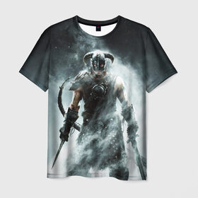 Мужская футболка 3D с принтом Skyrim в Санкт-Петербурге, 100% полиэфир | прямой крой, круглый вырез горловины, длина до линии бедер | Тематика изображения на принте: elder scrolls | дракон | игра | свитки | скайрим