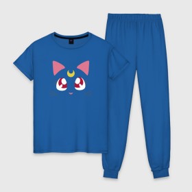 Женская пижама хлопок с принтом Guarding Cat в Санкт-Петербурге, 100% хлопок | брюки и футболка прямого кроя, без карманов, на брюках мягкая резинка на поясе и по низу штанин | Тематика изображения на принте: anime | sailor moon | аниме | сейлор мун