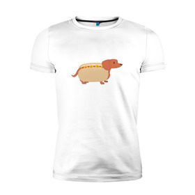 Мужская футболка премиум с принтом Хот дог в Санкт-Петербурге, 92% хлопок, 8% лайкра | приталенный силуэт, круглый вырез ворота, длина до линии бедра, короткий рукав | год собаки | собака | такса