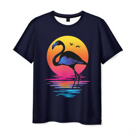 Мужская футболка 3D с принтом Фламинго дитя заката в Санкт-Петербурге, 100% полиэфир | прямой крой, круглый вырез горловины, длина до линии бедер | закат | море | птица | ретро | стиль | фламинго