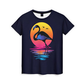 Женская футболка 3D с принтом Фламинго дитя заката в Санкт-Петербурге, 100% полиэфир ( синтетическое хлопкоподобное полотно) | прямой крой, круглый вырез горловины, длина до линии бедер | Тематика изображения на принте: закат | море | птица | ретро | стиль | фламинго