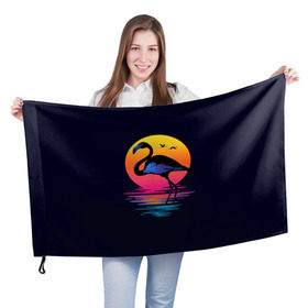 Флаг 3D с принтом Фламинго дитя заката в Санкт-Петербурге, 100% полиэстер | плотность ткани — 95 г/м2, размер — 67 х 109 см. Принт наносится с одной стороны | закат | море | птица | ретро | стиль | фламинго