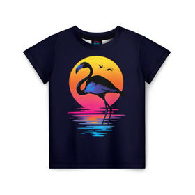 Детская футболка 3D с принтом Фламинго дитя заката в Санкт-Петербурге, 100% гипоаллергенный полиэфир | прямой крой, круглый вырез горловины, длина до линии бедер, чуть спущенное плечо, ткань немного тянется | закат | море | птица | ретро | стиль | фламинго