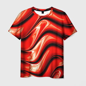 Мужская футболка 3D с принтом Жидкие металл (красный) в Санкт-Петербурге, 100% полиэфир | прямой крой, круглый вырез горловины, длина до линии бедер | абстракция | блеск | блики | краска | линии | металл | отражение | узоры