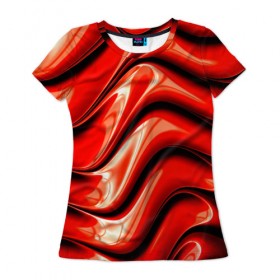 Женская футболка 3D с принтом Жидкие металл (красный) в Санкт-Петербурге, 100% полиэфир ( синтетическое хлопкоподобное полотно) | прямой крой, круглый вырез горловины, длина до линии бедер | абстракция | блеск | блики | краска | линии | металл | отражение | узоры