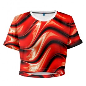 Женская футболка 3D укороченная с принтом Жидкие металл (красный) в Санкт-Петербурге, 100% полиэстер | круглая горловина, длина футболки до линии талии, рукава с отворотами | абстракция | блеск | блики | краска | линии | металл | отражение | узоры