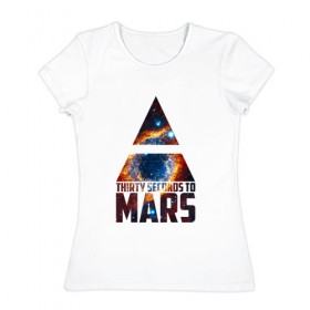 Женская футболка хлопок с принтом Thirty Seconds to Mars космос в Санкт-Петербурге, 100% хлопок | прямой крой, круглый вырез горловины, длина до линии бедер, слегка спущенное плечо | Тематика изображения на принте: 