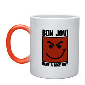 Кружка хамелеон с принтом Bon Jovi, have a nice day в Санкт-Петербурге, керамика | меняет цвет при нагревании, емкость 330 мл | bon jovi | бон | бон джови | глэм | группа | джови | джон | метал | рок | хард