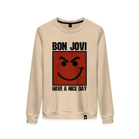Женский свитшот хлопок с принтом Bon Jovi, have a nice day в Санкт-Петербурге, 100% хлопок | прямой крой, круглый вырез, на манжетах и по низу широкая трикотажная резинка  | bon jovi | бон | бон джови | глэм | группа | джови | джон | метал | рок | хард