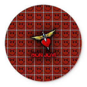 Коврик круглый с принтом Смайлы Bon Jovi в Санкт-Петербурге, резина и полиэстер | круглая форма, изображение наносится на всю лицевую часть | Тематика изображения на принте: bon jovi | бон | бон джови | глэм | группа | джови | джон | рок | хард