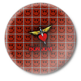 Значок с принтом Смайлы Bon Jovi в Санкт-Петербурге,  металл | круглая форма, металлическая застежка в виде булавки | Тематика изображения на принте: bon jovi | бон | бон джови | глэм | группа | джови | джон | рок | хард