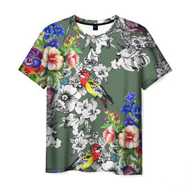 Мужская футболка 3D с принтом Райский остров в Санкт-Петербурге, 100% полиэфир | прямой крой, круглый вырез горловины, длина до линии бедер | арт | краска | попугаи | попугай | прикольные | рай | тропики | цветные | цветок | цветы