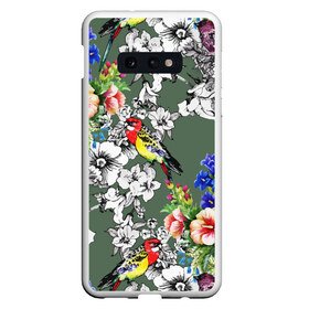 Чехол для Samsung S10E с принтом Райский остров в Санкт-Петербурге, Силикон | Область печати: задняя сторона чехла, без боковых панелей | арт | краска | попугаи | попугай | прикольные | рай | тропики | цветные | цветок | цветы