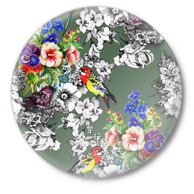 Значок с принтом Райский остров в Санкт-Петербурге,  металл | круглая форма, металлическая застежка в виде булавки | арт | краска | попугаи | попугай | прикольные | рай | тропики | цветные | цветок | цветы