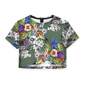 Женская футболка 3D укороченная с принтом Райский остров в Санкт-Петербурге, 100% полиэстер | круглая горловина, длина футболки до линии талии, рукава с отворотами | арт | краска | попугаи | попугай | прикольные | рай | тропики | цветные | цветок | цветы
