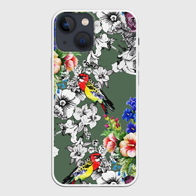 Чехол для iPhone 13 mini с принтом Райский остров в Санкт-Петербурге,  |  | арт | краска | попугаи | попугай | прикольные | рай | тропики | цветные | цветок | цветы