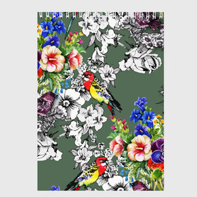 Скетчбук с принтом Райский остров в Санкт-Петербурге, 100% бумага
 | 48 листов, плотность листов — 100 г/м2, плотность картонной обложки — 250 г/м2. Листы скреплены сверху удобной пружинной спиралью | арт | краска | попугаи | попугай | прикольные | рай | тропики | цветные | цветок | цветы