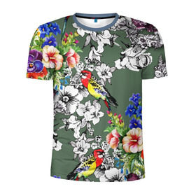 Мужская футболка 3D спортивная с принтом Райский остров в Санкт-Петербурге, 100% полиэстер с улучшенными характеристиками | приталенный силуэт, круглая горловина, широкие плечи, сужается к линии бедра | арт | краска | попугаи | попугай | прикольные | рай | тропики | цветные | цветок | цветы