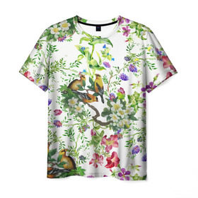 Мужская футболка 3D с принтом Райский остров в Санкт-Петербурге, 100% полиэфир | прямой крой, круглый вырез горловины, длина до линии бедер | арт | краска | попугаи | попугай | прикольные | рай | тропики | цветные | цветок | цветы