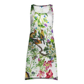 Платье-майка 3D с принтом Райский остров в Санкт-Петербурге, 100% полиэстер | полуприлегающий силуэт, широкие бретели, круглый вырез горловины, удлиненный подол сзади. | арт | краска | попугаи | попугай | прикольные | рай | тропики | цветные | цветок | цветы