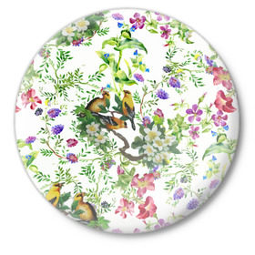 Значок с принтом Райский остров в Санкт-Петербурге,  металл | круглая форма, металлическая застежка в виде булавки | арт | краска | попугаи | попугай | прикольные | рай | тропики | цветные | цветок | цветы