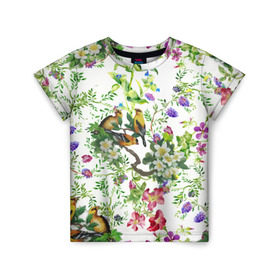 Детская футболка 3D с принтом Райский остров в Санкт-Петербурге, 100% гипоаллергенный полиэфир | прямой крой, круглый вырез горловины, длина до линии бедер, чуть спущенное плечо, ткань немного тянется | арт | краска | попугаи | попугай | прикольные | рай | тропики | цветные | цветок | цветы