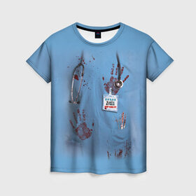 Женская футболка 3D с принтом Костюм врача кровь в Санкт-Петербурге, 100% полиэфир ( синтетическое хлопкоподобное полотно) | прямой крой, круглый вырез горловины, длина до линии бедер | больница | врач | доктор | клиника | кровь
